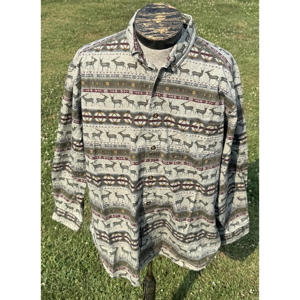 Woolrich Shirt Mens XL Gray Deer Southwestern Flannel Button Down Long Sleeve